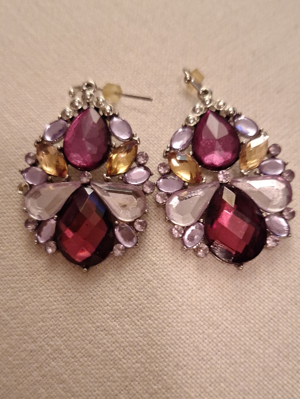 Statement Teardrop Crystal Earrings in Amethyst and Yellow 2"